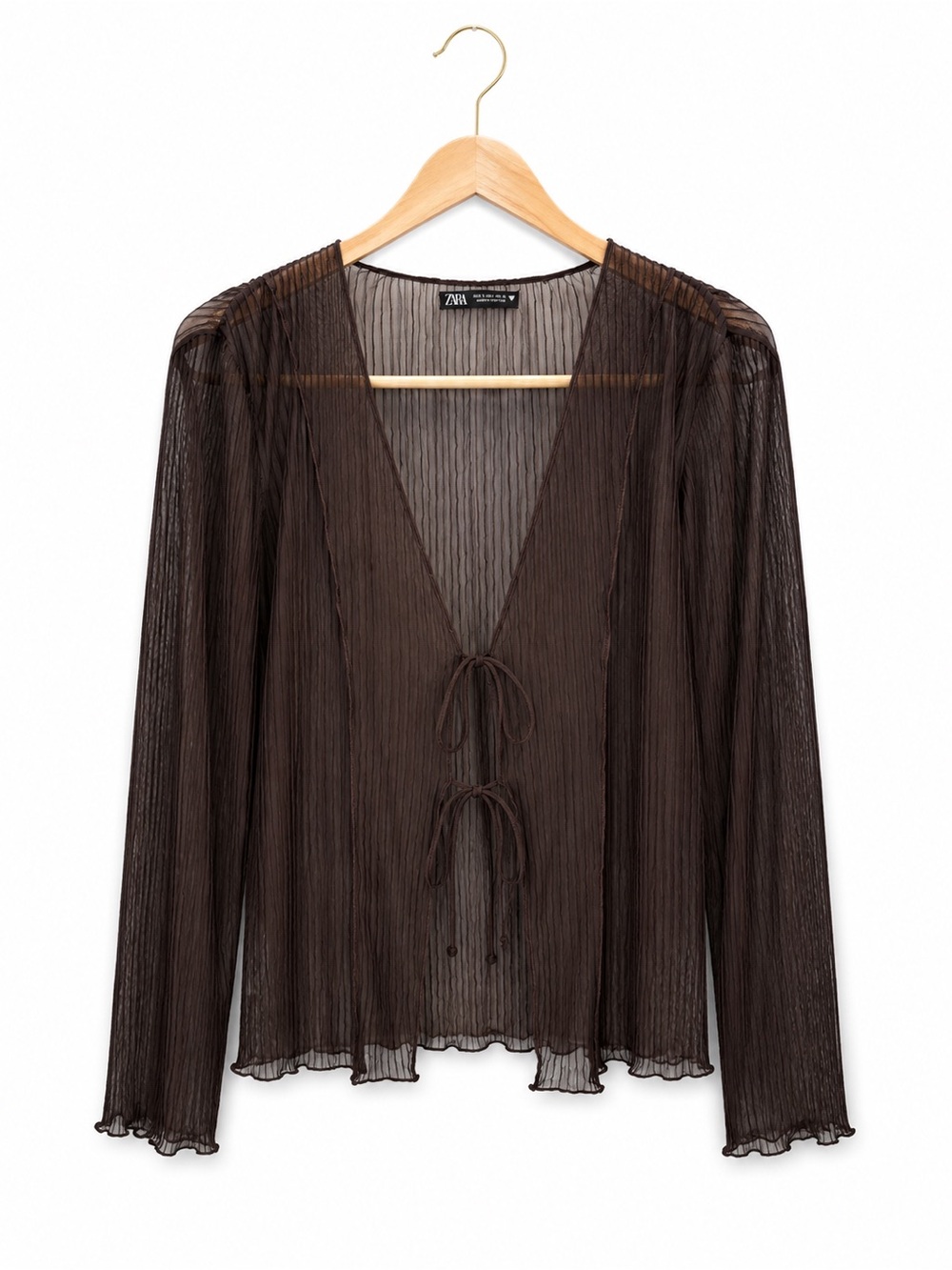 Zara Sheer Brown Pleated Tie Front Cardigan Top Size L Y2K